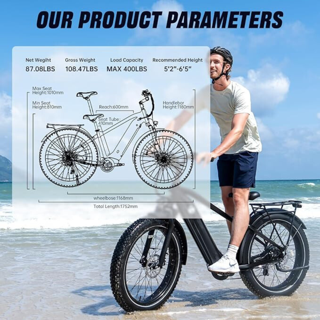 Electric Bike (Black / ‎26" Fat Tires - Withbar) for Adults 1000W BAFANG Motor EBike 52V 25Ah 21700 Removable LG Lithium Battery Fat Tires 20-32MPH Speed Range 90Miles Long Range Electric Mountain Bike Shimano 7-Speed E Bike